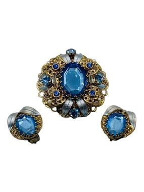 Stunning Vintage W. German Blue Glass Brooch Earring Set